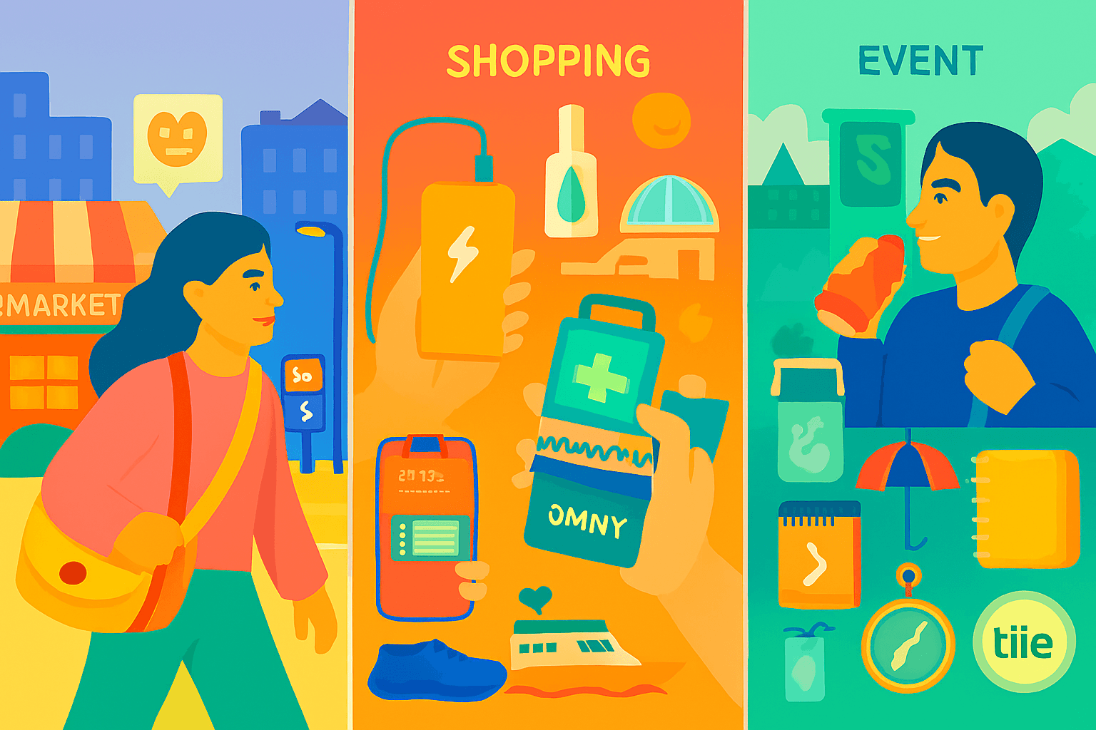 Three-panel illustration showing NYC solo travel safety tips across markets, shopping areas, and events—emphasizing secure bags, contactless payments, official transport, and crowd awareness.