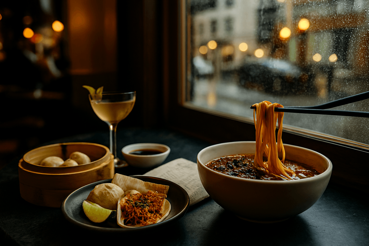 Table with pizza, pasta, taco, and soda overlooking the Empire State Building in New York City, capturing a solo traveler’s cozy dining experience