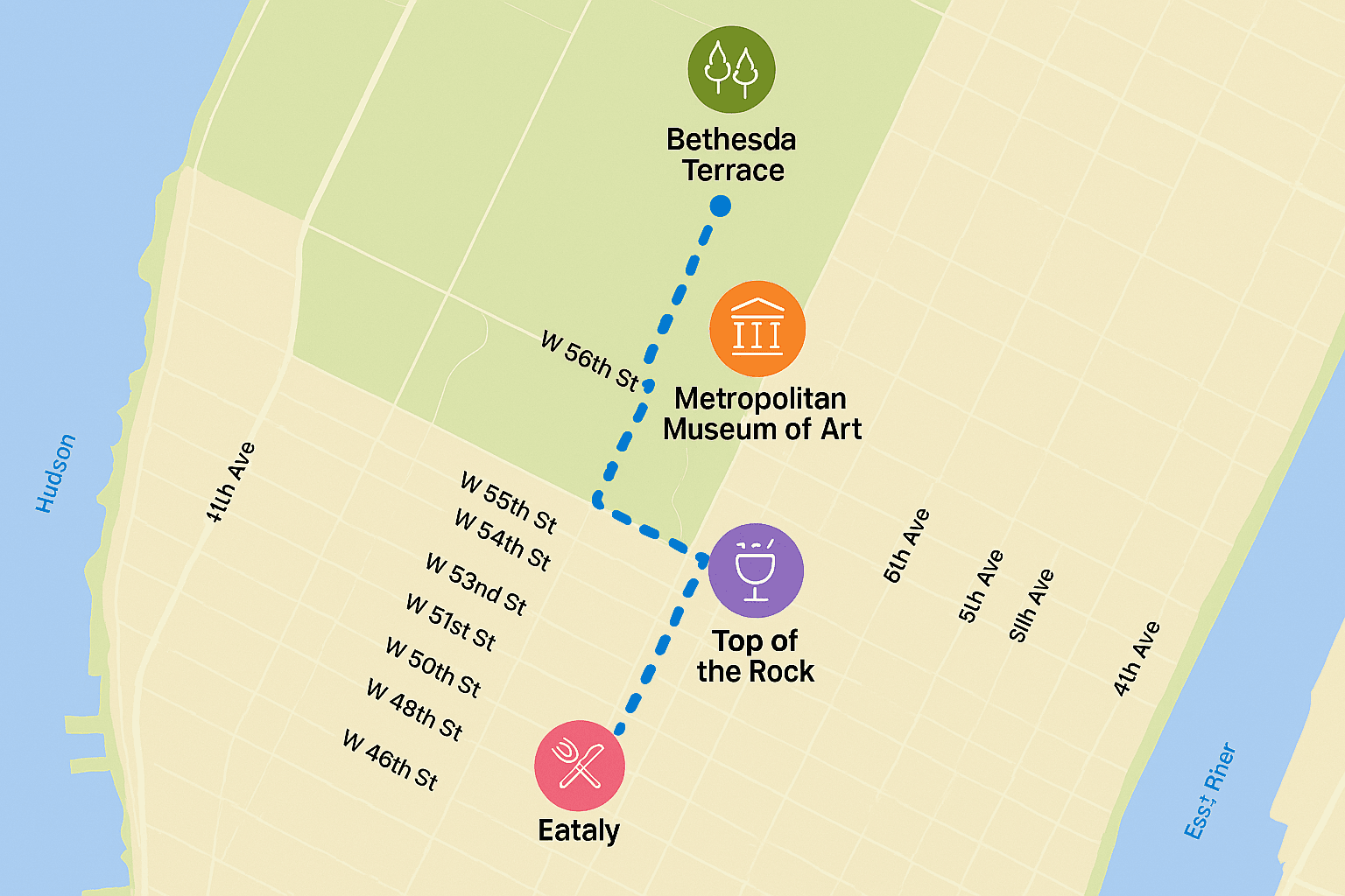 Map of solo travel route through Central Park and Rockefeller Center in NYC