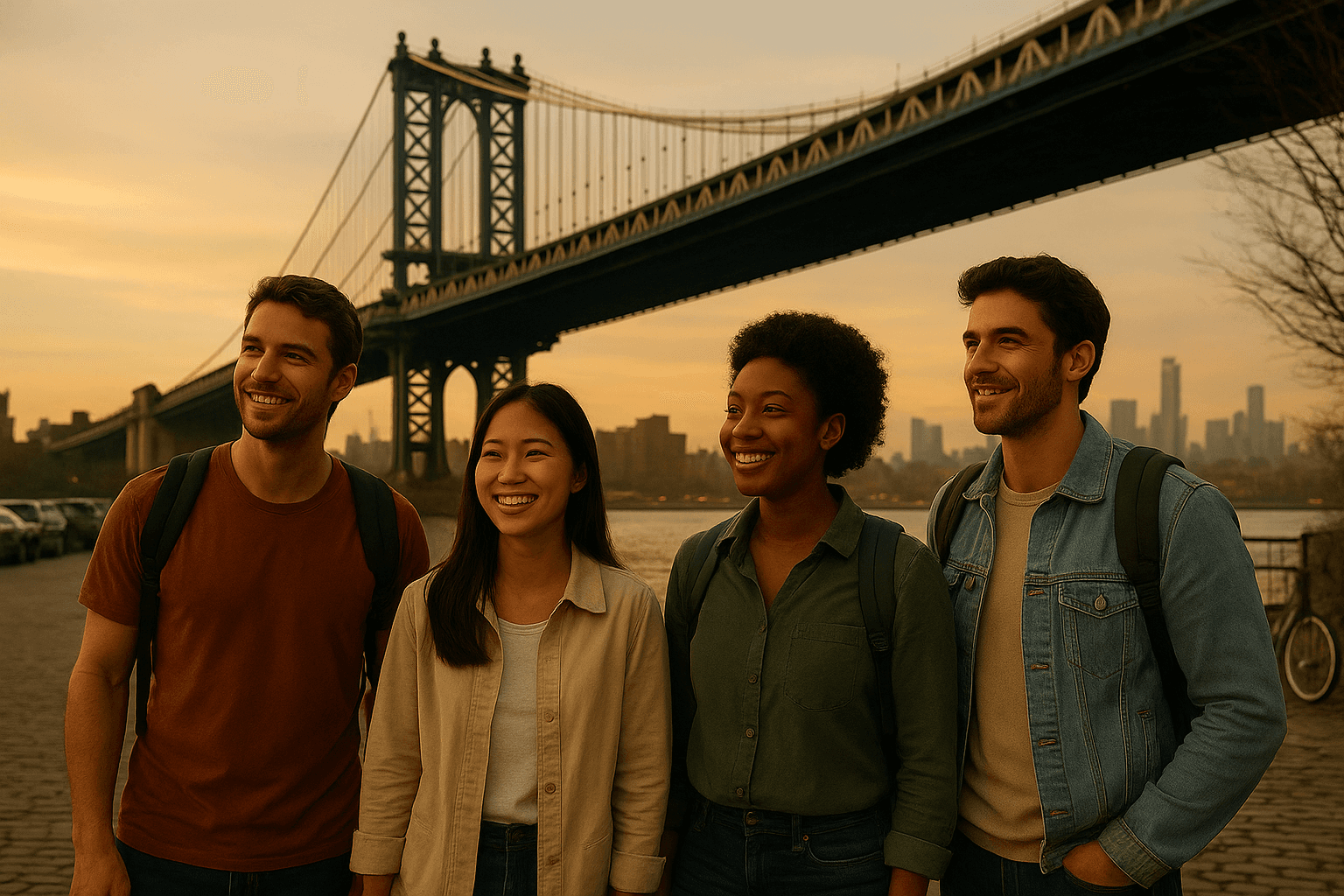 Friends enjoying city waterfront with urban skyline in the background