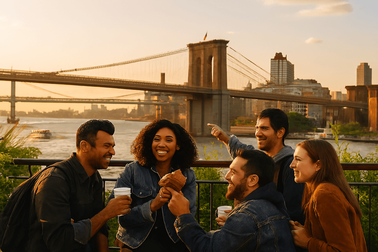 Group of friends sharing tacos and coffee on a rooftop terrace overlooking Brooklyn Bridge and East River at sunset in NYC
