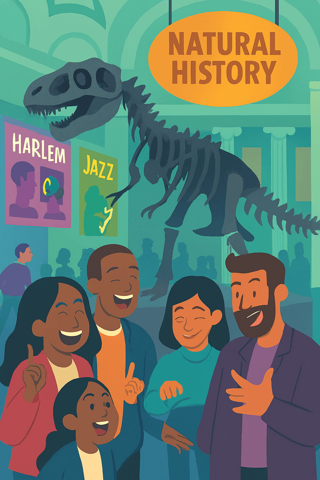 Scene-based illustration of group interaction at Natural History Museum with kids pointing at dinosaur skeleton and adults reacting with playful awe