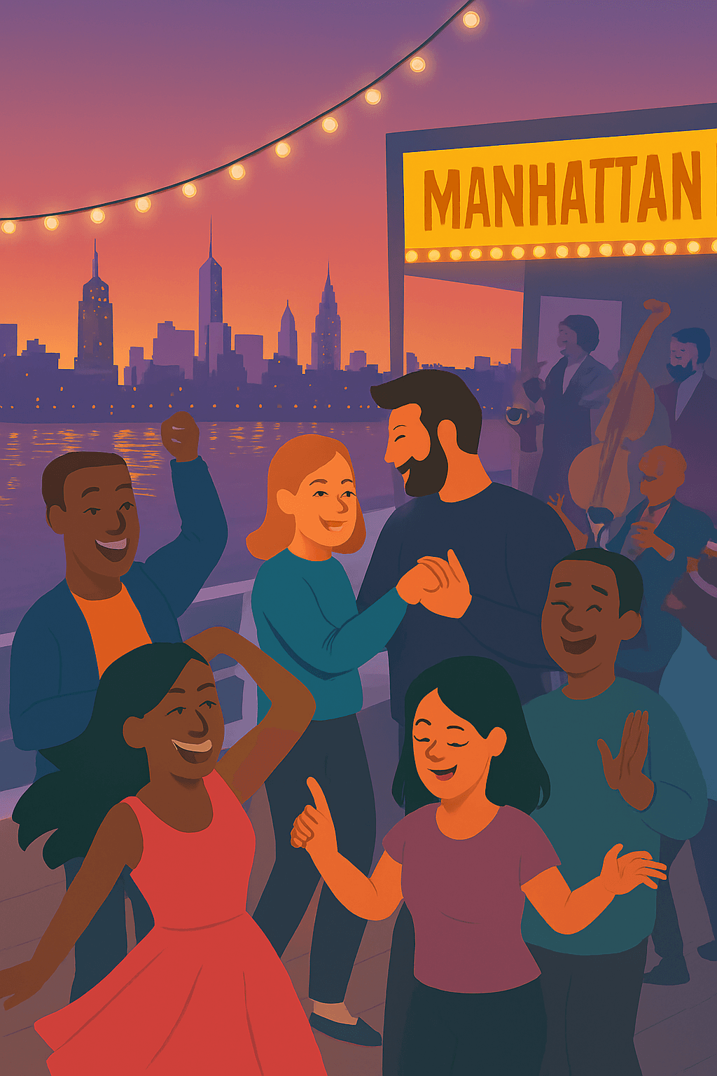 Scene-based illustration of Day 3 NYC group itinerary with friends dancing on a Hudson River dinner cruise, Manhattan skyline, and live jazz band