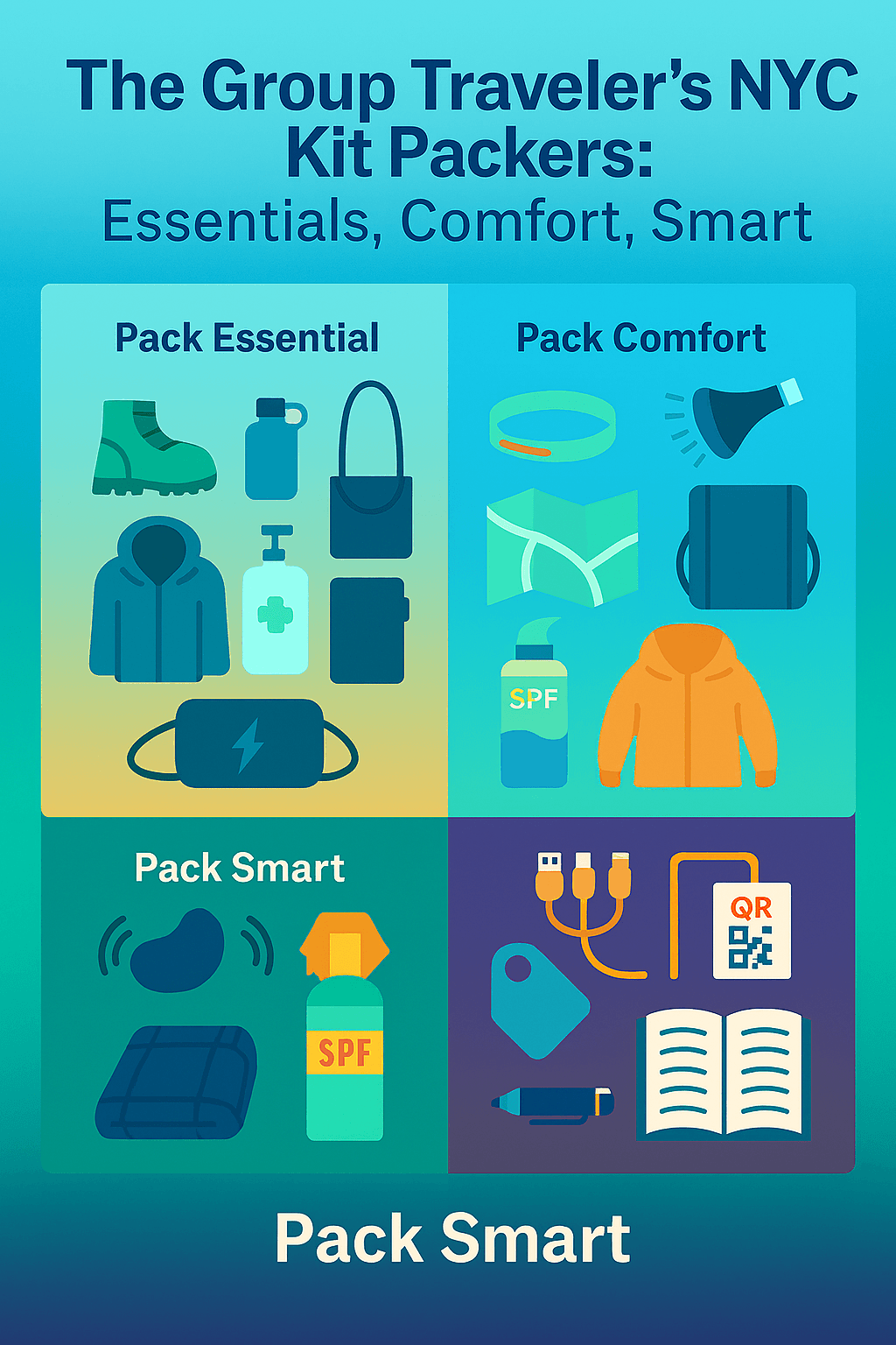 Three-part illustration showing NYC solo travel packing tips: essentials like sanitizer and charger, comfort items like layered outfits and umbrella, and smart gear like snacks, journal, and navigation tools.