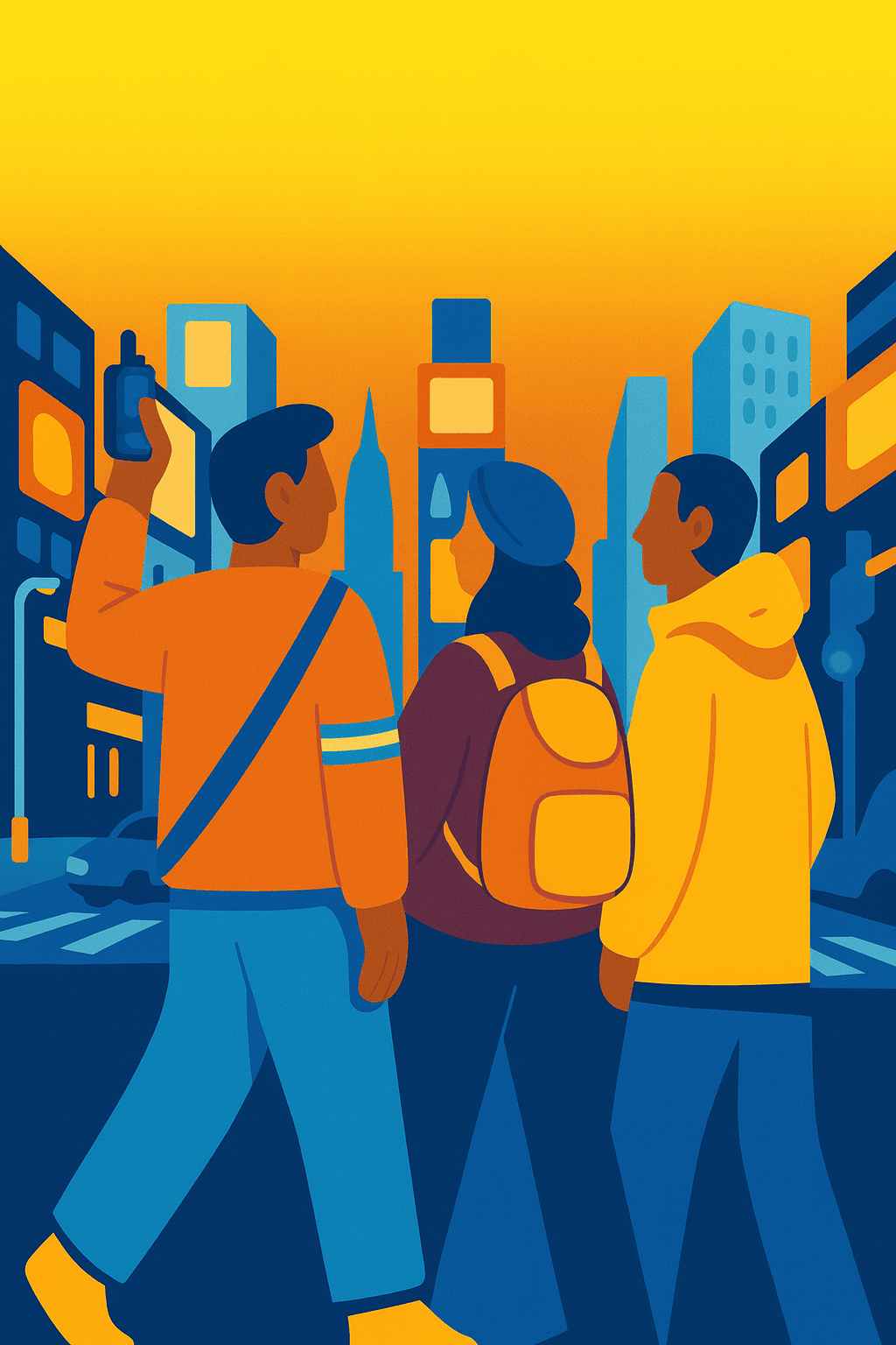 Illustration of NYC group travel safety essentials including emergency preparedness, smart navigation apps, and urban coordination tools.