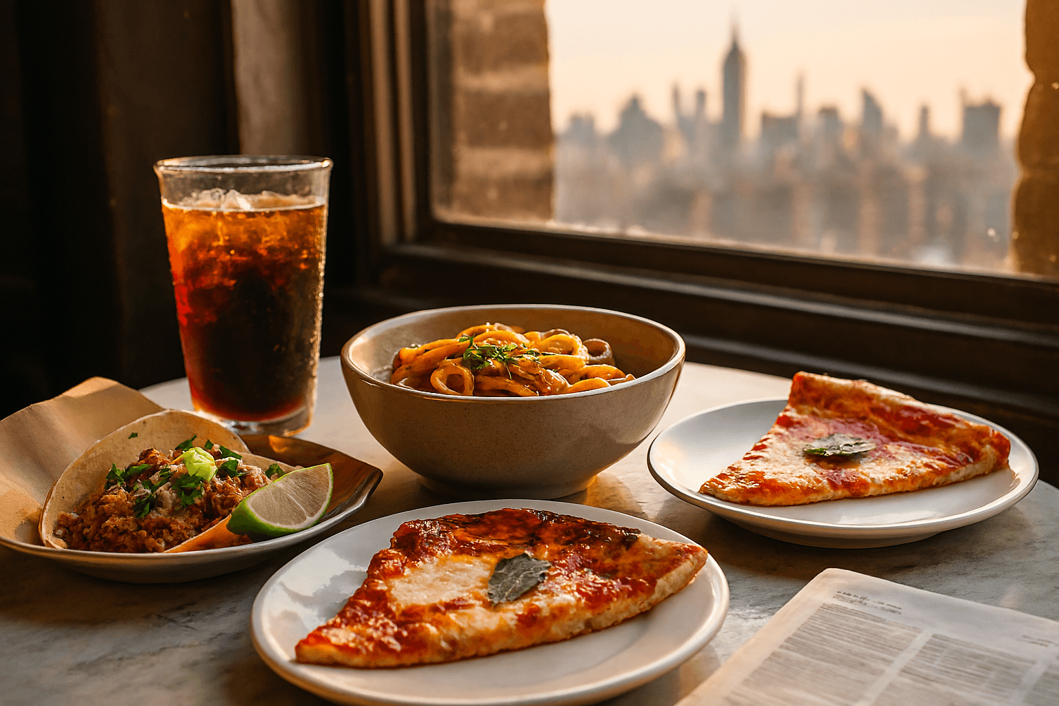Solo traveler enjoying Asian-inspired dishes like ramen and dumplings by a window on a rainy day in New York City, evoking the cozy vibe of DUMBO and Chelsea food halls.