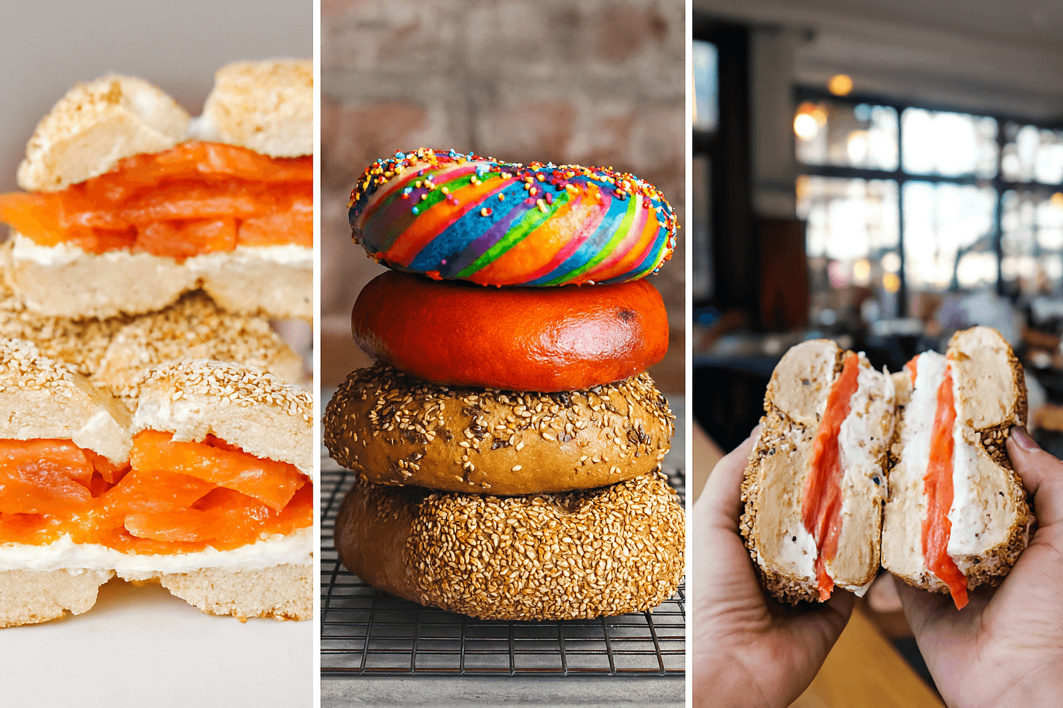 Collage of New York City bagels including smoked salmon, rainbow, and sesame varieties from iconic shops like Murray’s and Black Seed, highlighting solo dining culture.