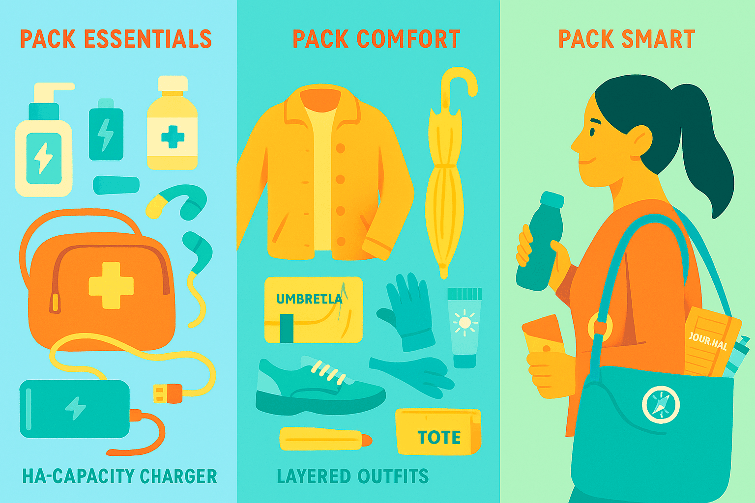 Three-part illustration showing NYC solo travel packing tips: essentials like sanitizer and charger, comfort items like layered outfits and umbrella, and smart gear like snacks, journal, and navigation tools.