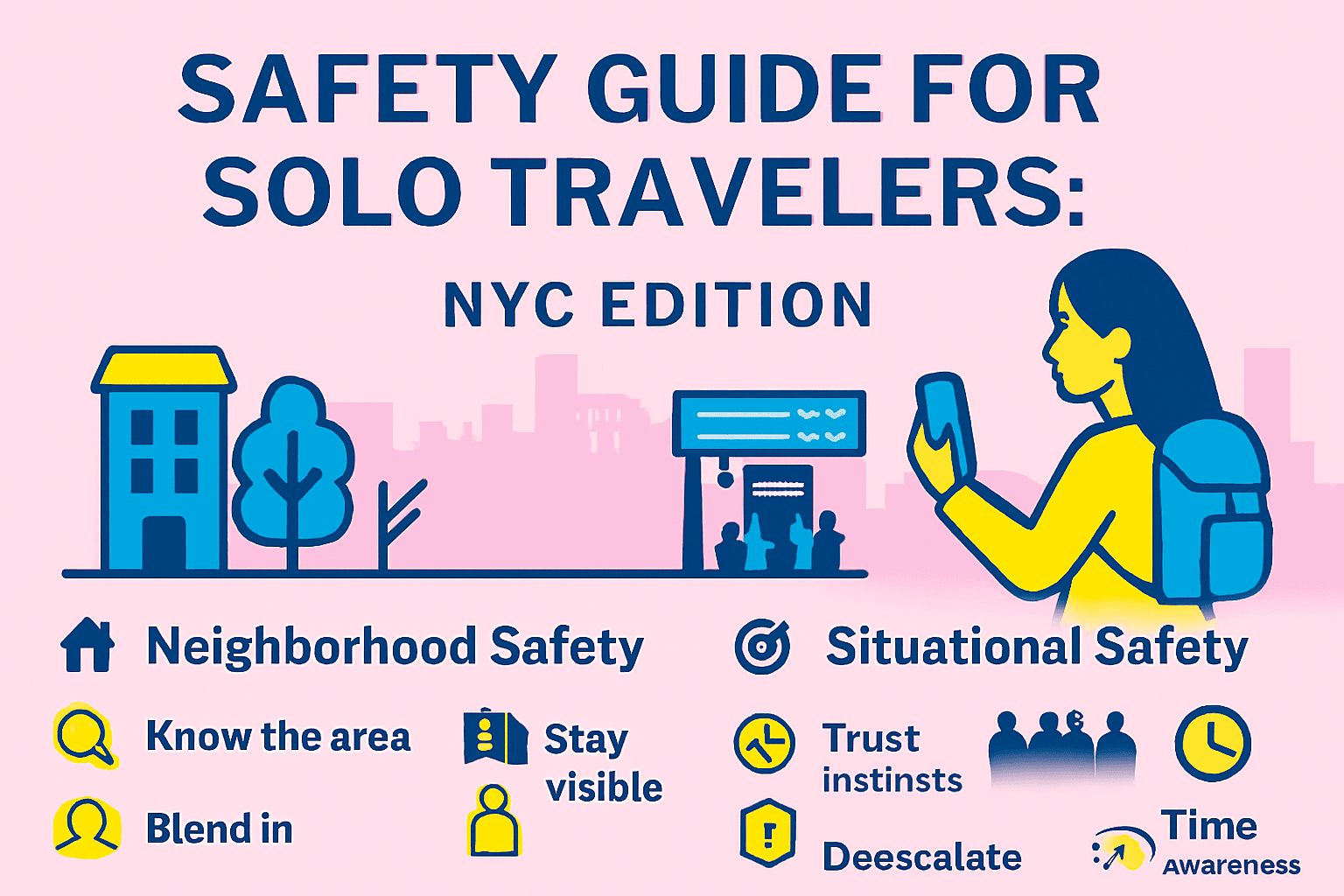 NYC solo travel safety guide — neighborhood tips, subway awareness, exits, and time cues