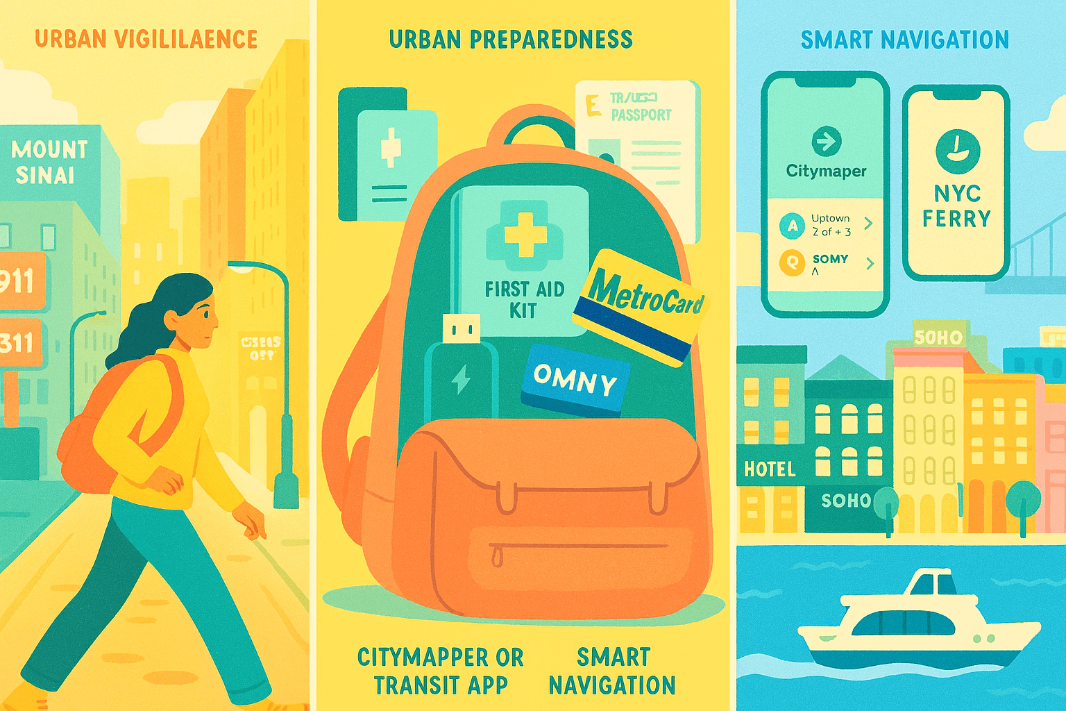 Three-panel illustration showing NYC solo travel safety tips: urban vigilance with emergency contacts, preparedness gear like MetroCard and first aid kit, and smart navigation using Citymapper and NYC Ferry apps.