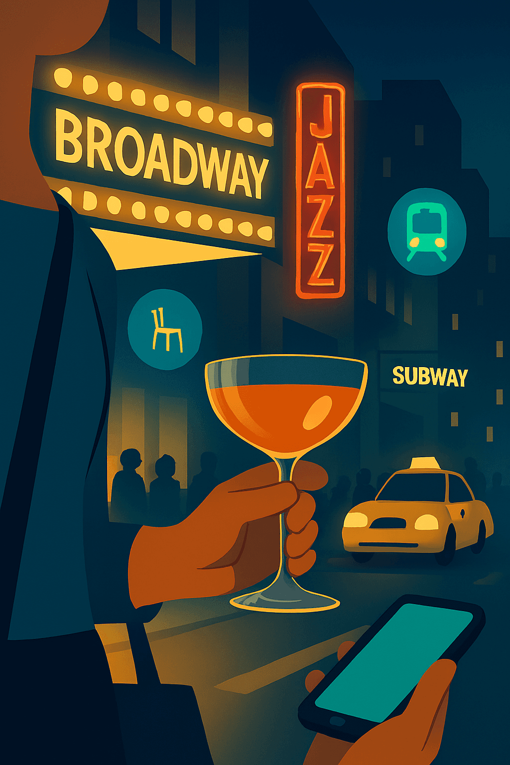 Solo traveler’s hand with cocktail in NYC Broadway nightlife scene