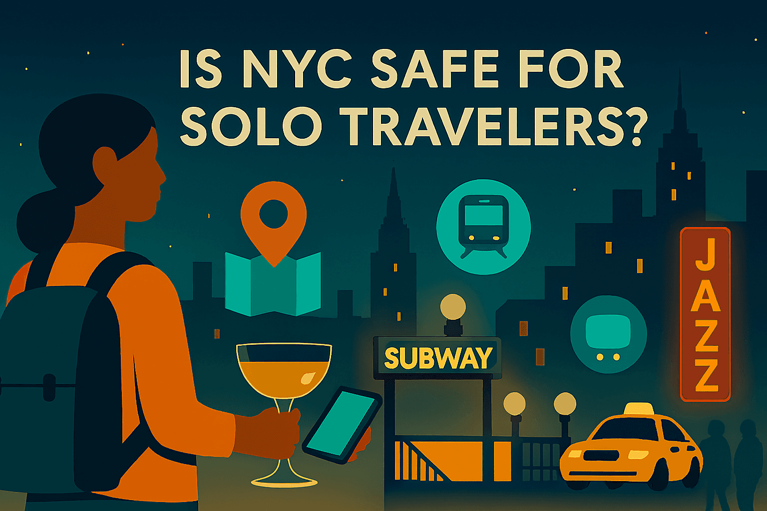 Updated NYC solo travel safety banner with new traveler in backpack and phone