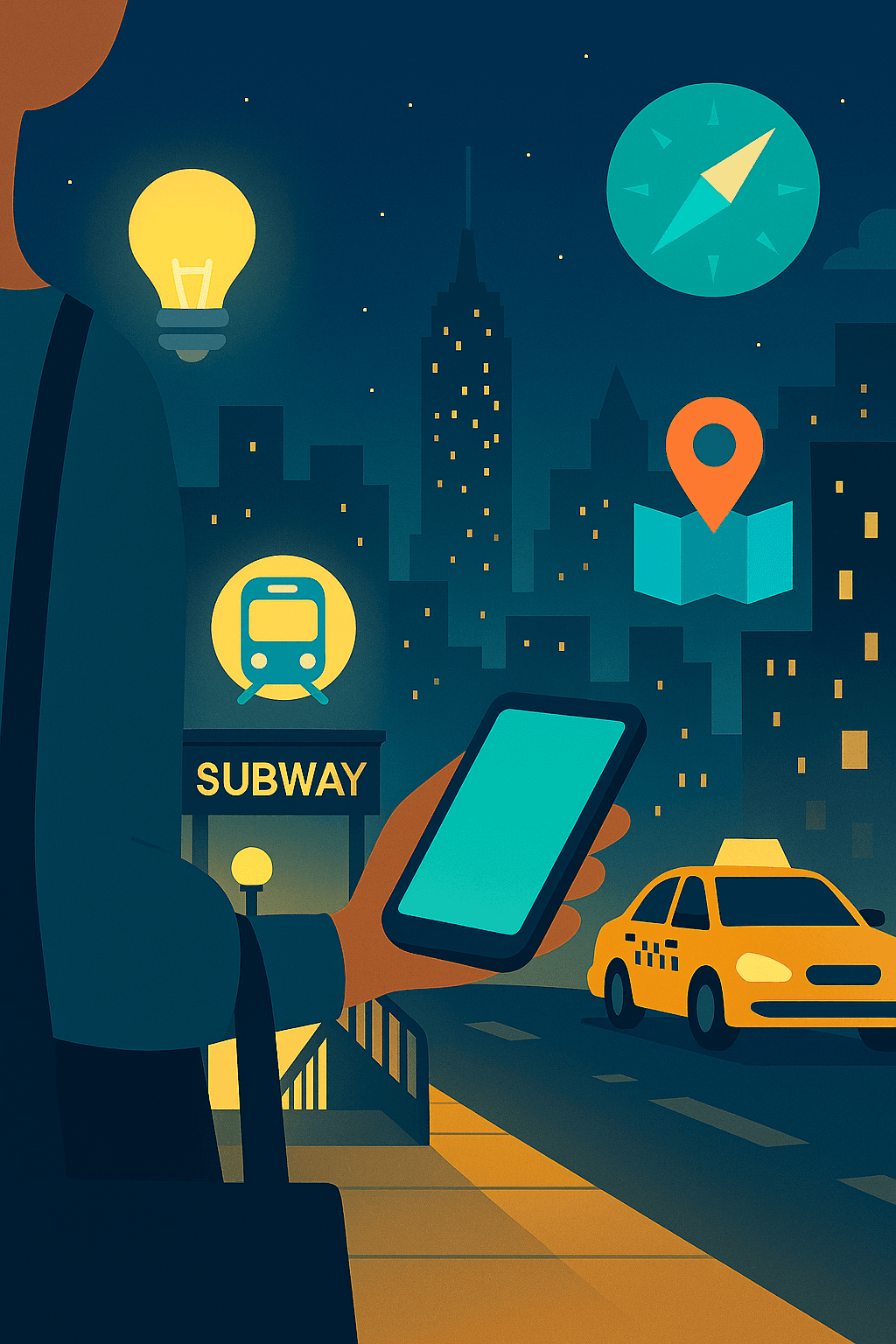 Close-up of solo traveler’s hand with phone in NYC night transport scene