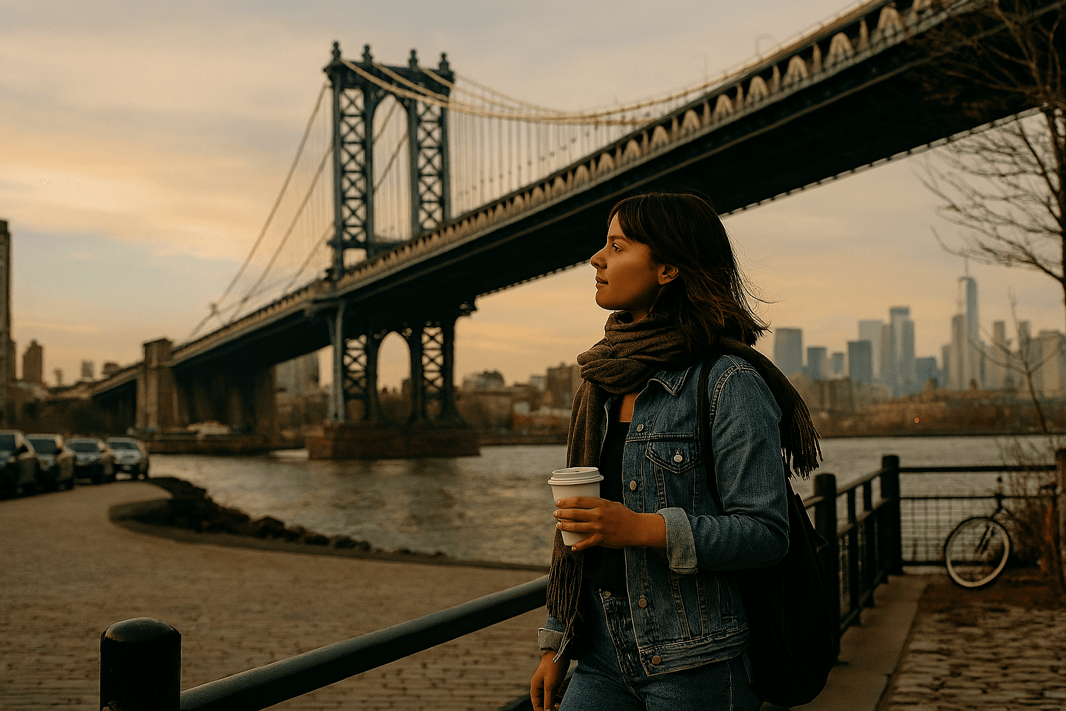 Solo traveler enjoying sunset near Manhattan Bridge in New York City, with skyline and cobblestone path in view