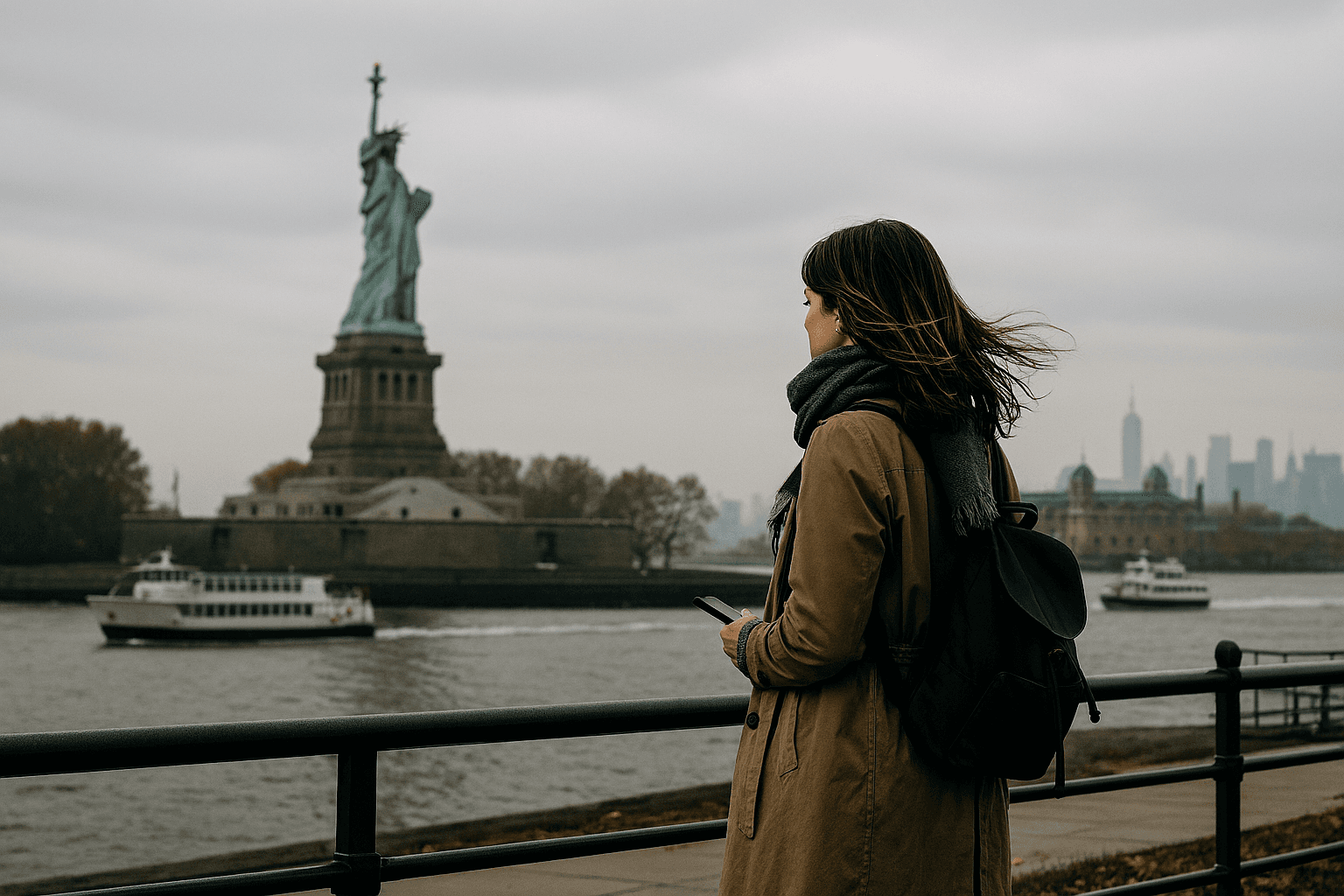 Solo traveler standing by the waterfront in New York City, looking at the Statue of Liberty on an overcast day with boats and skyline in the background.