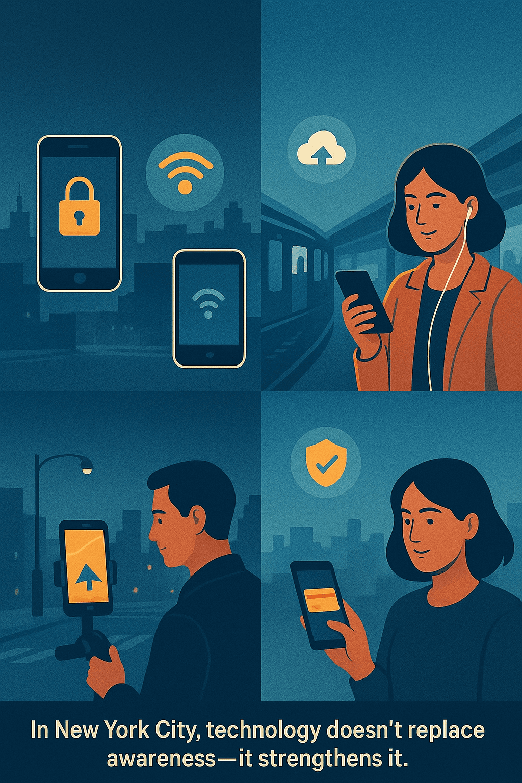 NYC solo travel tech and digital safety illustration