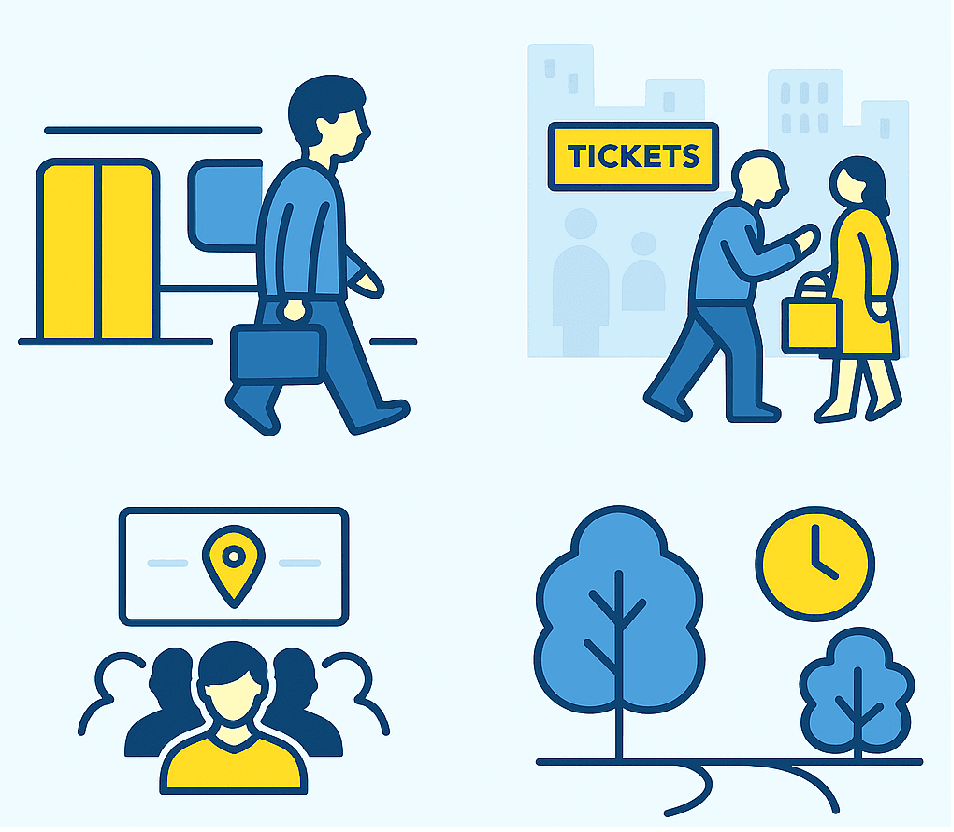Illustrated urban safety tips for confident city navigation at night — subway caution, Times Square de-escalation, concert exit awareness, and park timing advice